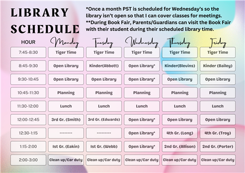 2024-2025 Bridgeport Elementary School Library Schedule